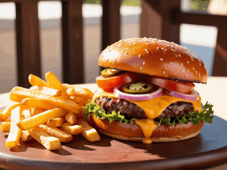 Fully assembled jalapeño cheeseburger with fries on a round wooden plate in an outdoor setting.