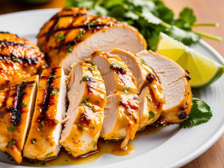Sliced grilled margarita chicken with lime wedges and cilantro on a white plate