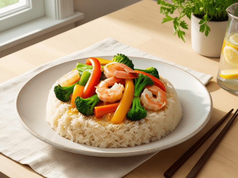 Garlic shrimp and vegetable stir fry arranged atop a dome of white rice on a neutral plate, with lemon water and fresh herbs nearby.