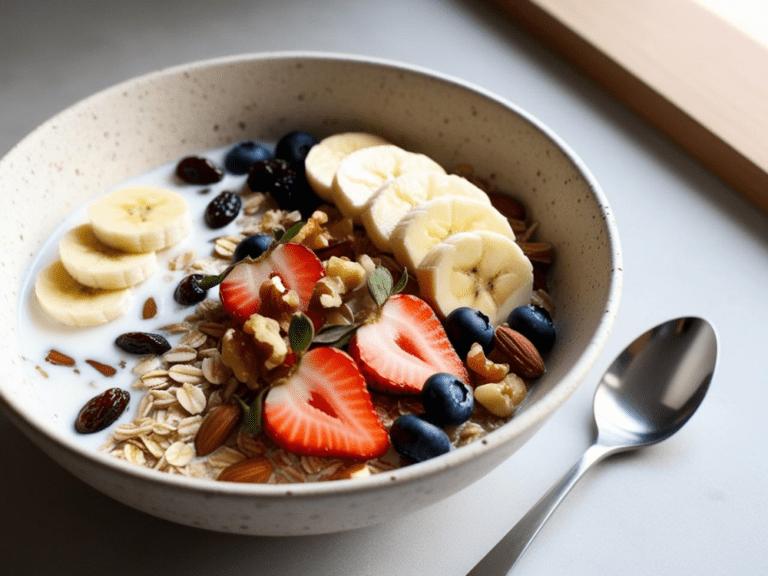 Muesli bowl with banana slices, strawberries, raisins, oats, almonds, and milk