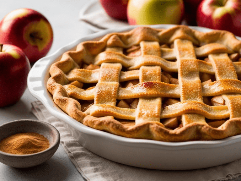 Golden apple pie with sugar-dusted lattice crust surrounded by red apples and spice bowl.