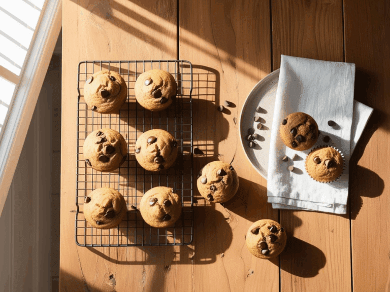 Overhead view of chocolate chip muffins on a wire rack and napkin