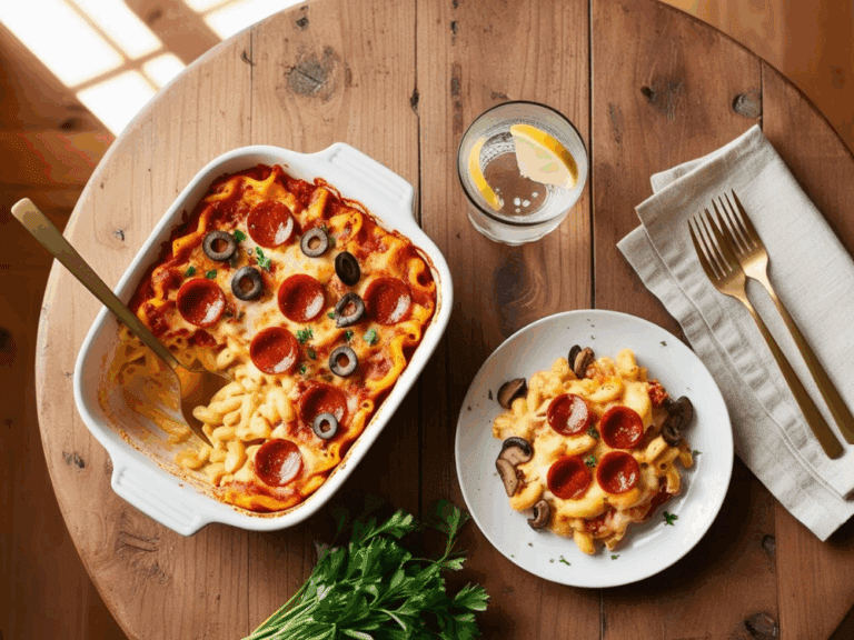 Overhead view of plated pizza mac and cheese next to the baking dish on a rustic wooden table.