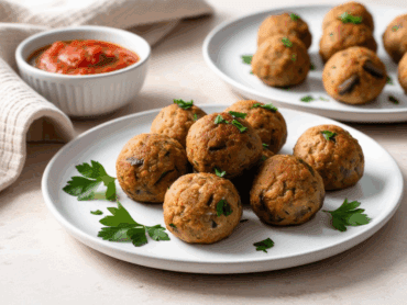 Plate of mushroom meatballs with parsley and sauce in the background