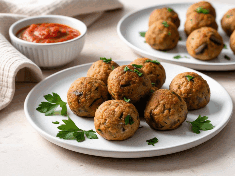 Plate of mushroom meatballs with parsley and sauce in the background