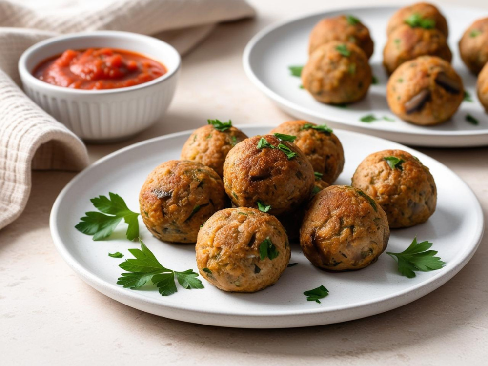 Plate of mushroom meatballs with parsley and sauce in the background