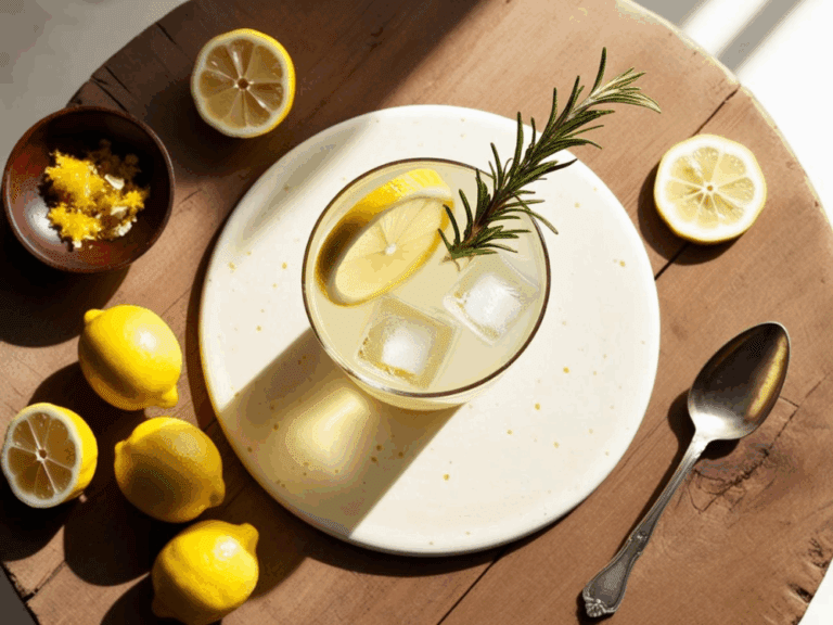 Top view of lemon tonic with rosemary sprig on a ceramic plate and wooden table