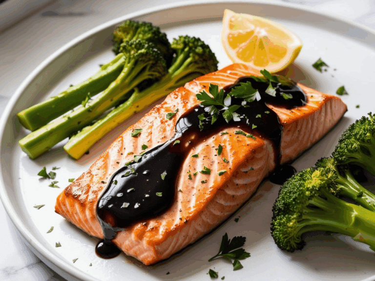 Close-up of salmon with thick balsamic glaze, surrounded by steamed broccoli and lemon wedge