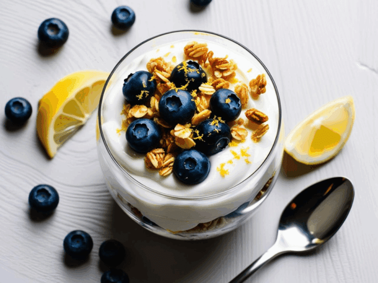 Top view of a parfait topped with blueberries and granola surrounded by lemon wedges.