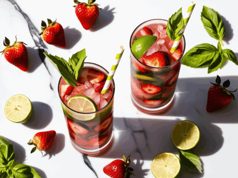 Top-down view of two mojito glasses with striped straws, lime rounds, strawberries, and basil on a marble surface with shadows.