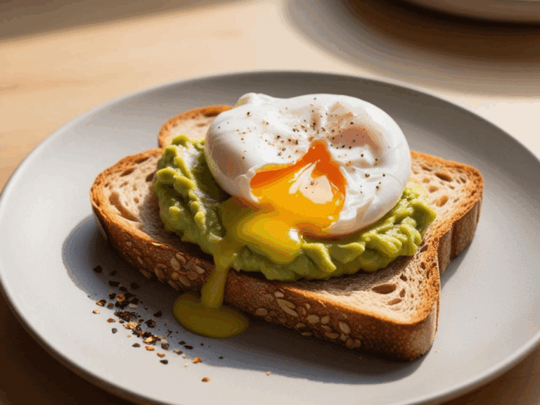 Poached egg with runny yolk on mashed avocado and whole grain toast