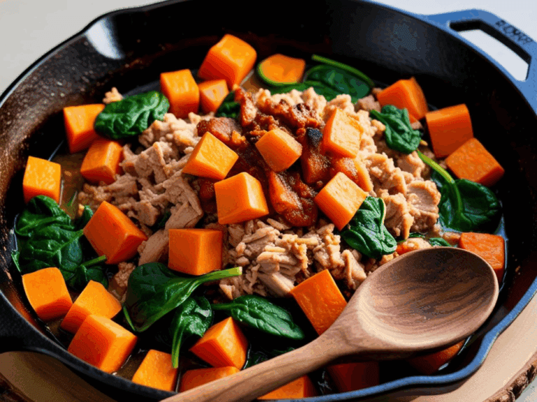 Close-up view of ground turkey, sweet potatoes, and spinach in a cast iron skillet with a wooden spoon.