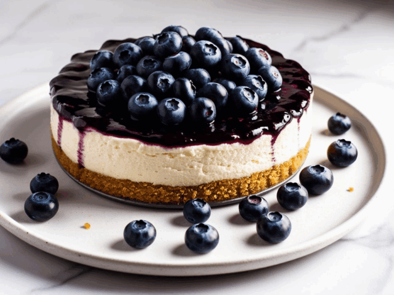 Side view of a whole blueberry cheesecake topped with glistening compote and surrounded by fresh blueberries on a stoneware plate.