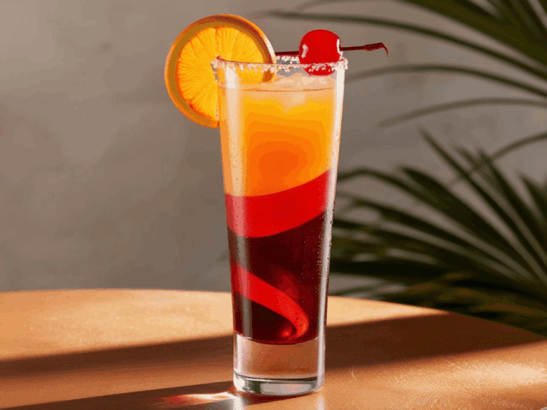 Tall Tequila Sunrise in a swirl-patterned glass, garnished with a sugared rim, orange slice, and cherry.