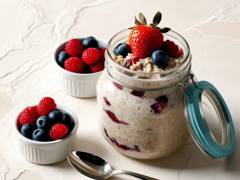 Top-down shot of berry overnight oats in a glass jar on a napkin, surrounded by berries, oats, and a golden spoon on a white wooden table.