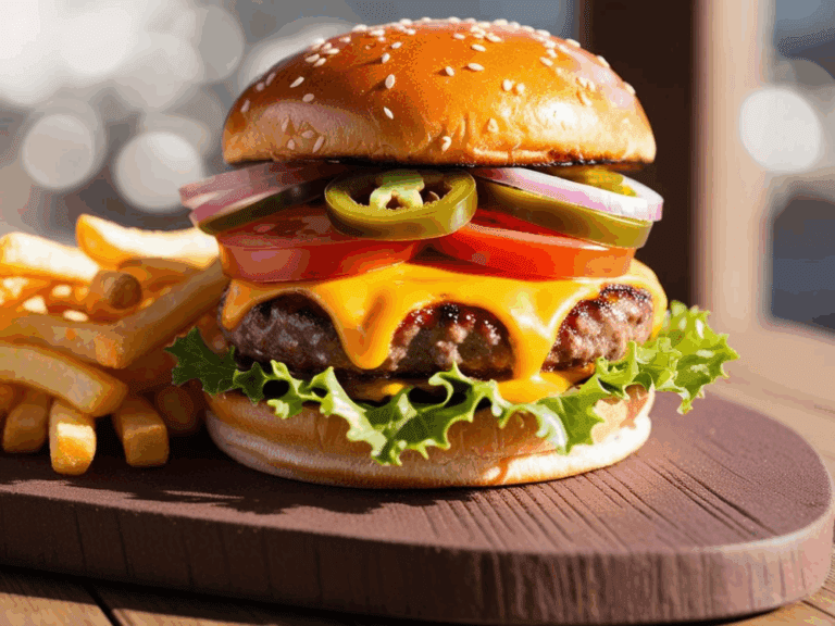 Spicy jalapeño cheeseburger with fries on a wooden platter with blurred outdoor lights in the background.