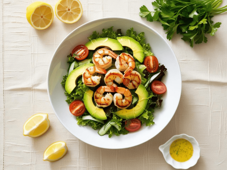 Grilled shrimp salad arranged in a white bowl with avocado, lemon wedges, and cherry tomatoes.