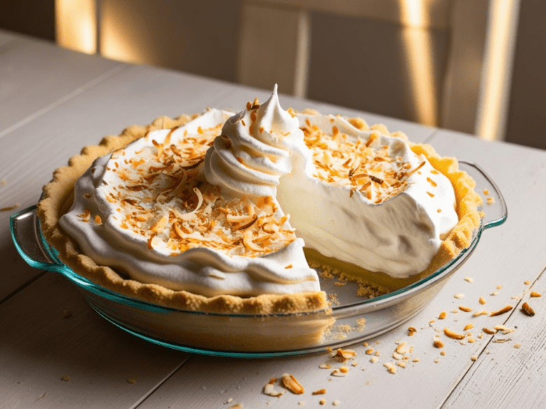 Coconut cream pie in a glass dish on a rustic white table, topped with piped whipped cream and golden coconut flakes.