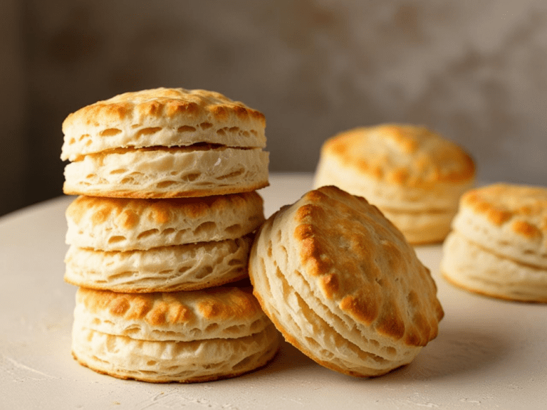 Buttermilk biscuits in stacked formations on a light surface with a soft, neutral background