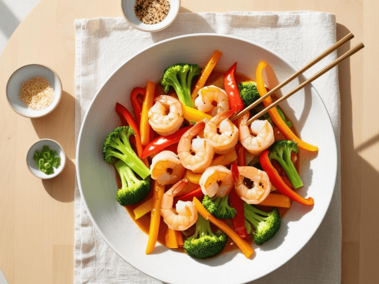 Top-down view of garlic shrimp stir fry with broccoli and carrots, with chopsticks and small bowls of garnishes surrounding the plate.