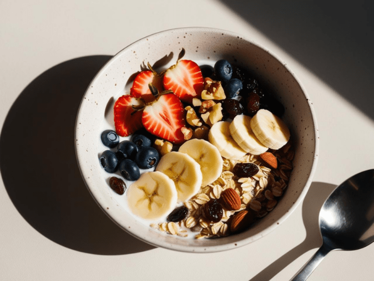 Top-down view of muesli bowl with banana, strawberries, blueberries, oats, and nuts