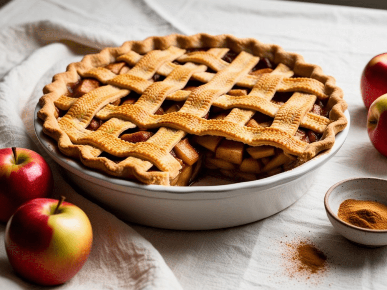 Classic apple pie with one slice removed, exposing stacked cinnamon apples inside.