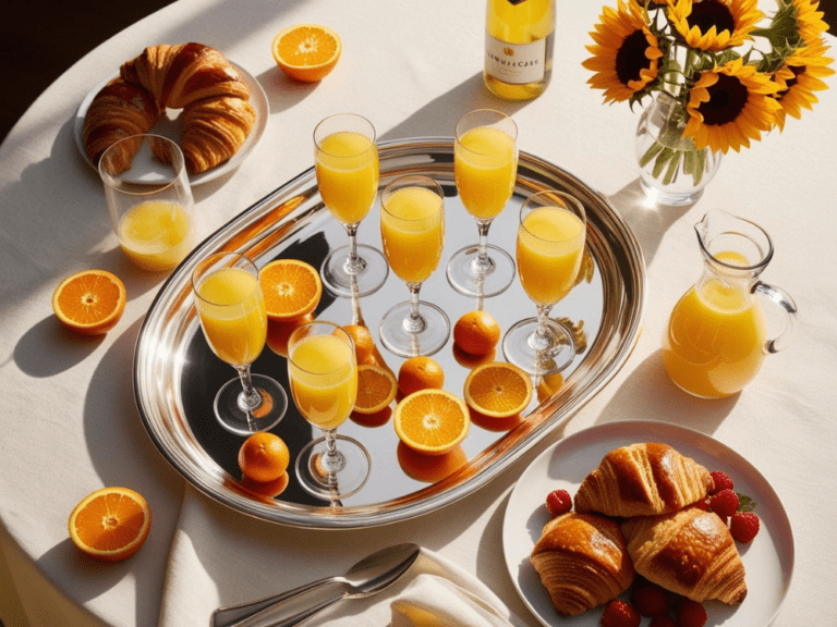 Brunch table with silver tray of mimosas, oranges, juice pitchers, croissants, and a vase of sunflowers.