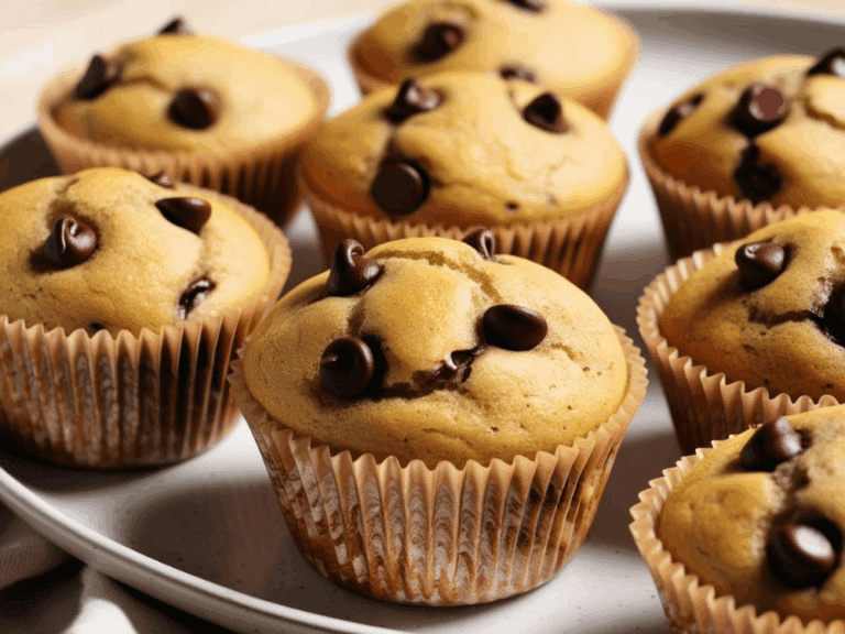 Chocolate chip muffins on a plate in soft natural light