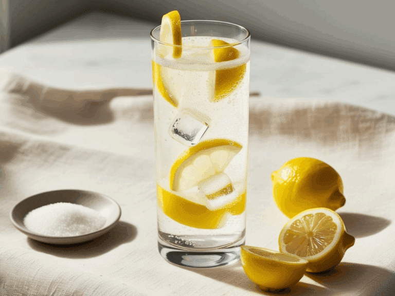 Tall glass of lemon tonic with lemon slices and ice on a soft neutral cloth
