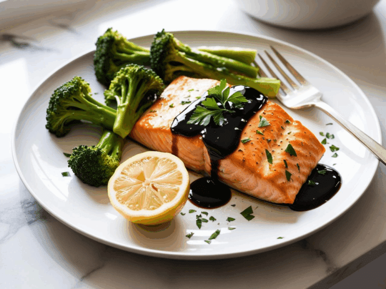 Side-angled view of glazed salmon with broccoli, lemon, and a fork on a marble countertop