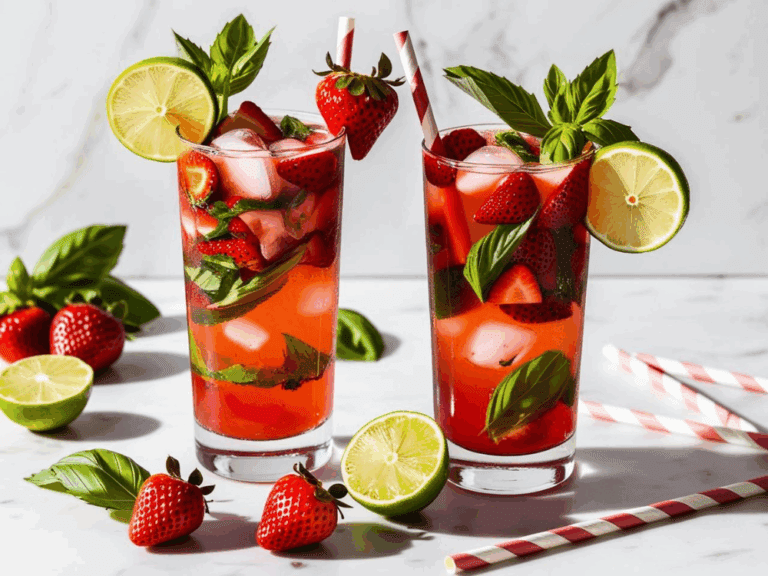 Two tall mojito glasses filled with strawberries, basil, lime, and ice, with striped paper straws and fruit on a white background.
