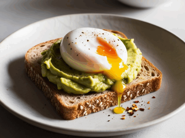 Poached egg on whipped avocado toast with sesame seed bread and chili flakes