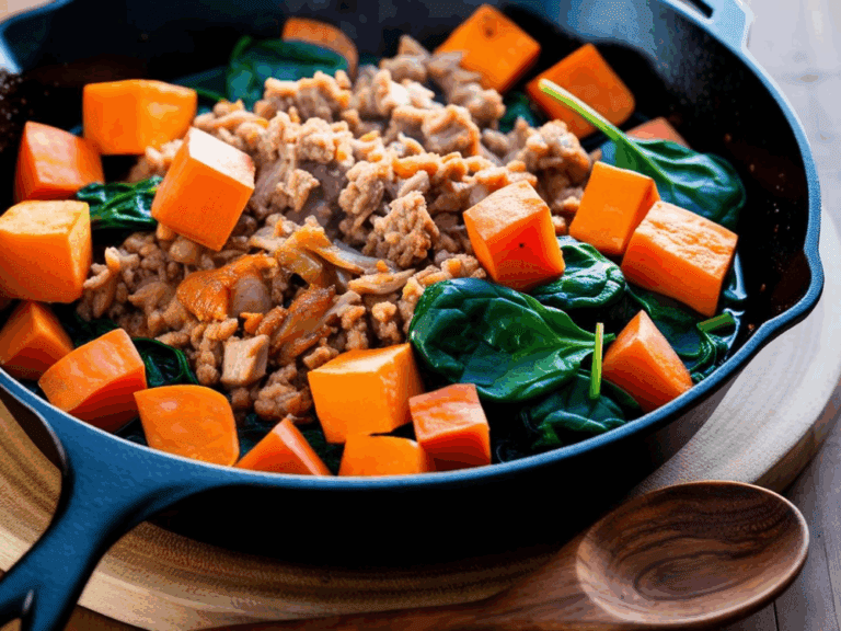 Side close-up view of cooked ground turkey, sweet potatoes, and spinach in a black skillet resting on a wooden board.