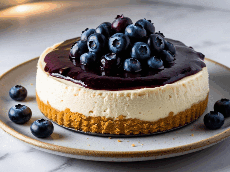 Blueberry cheesecake on a beige plate, set against a softly lit background with blueberries scattered around the base.