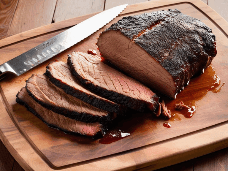 Sliced brisket on a cutting board with a large carving knife.