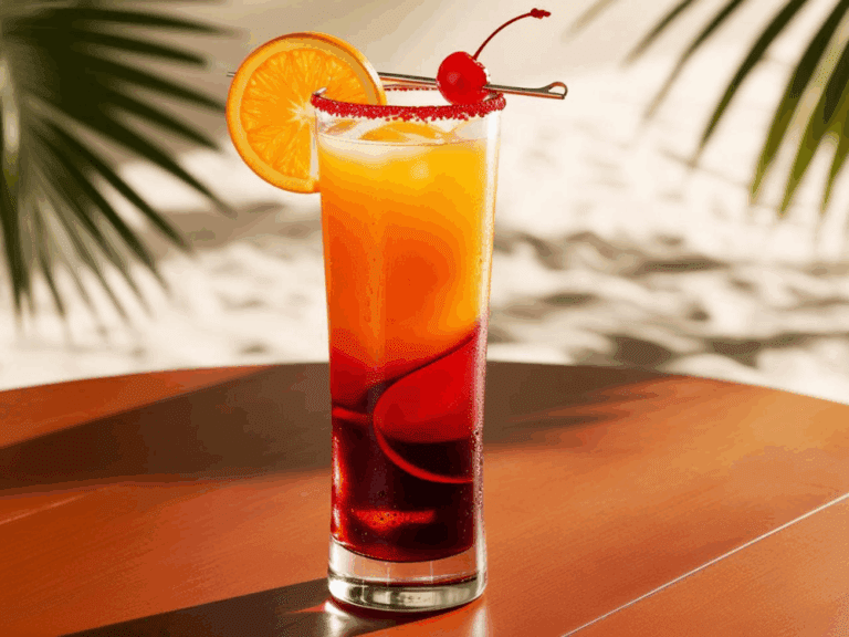 Beachside Tequila Sunrise on a wooden table with palm shadows, garnished with cherry and orange slice.