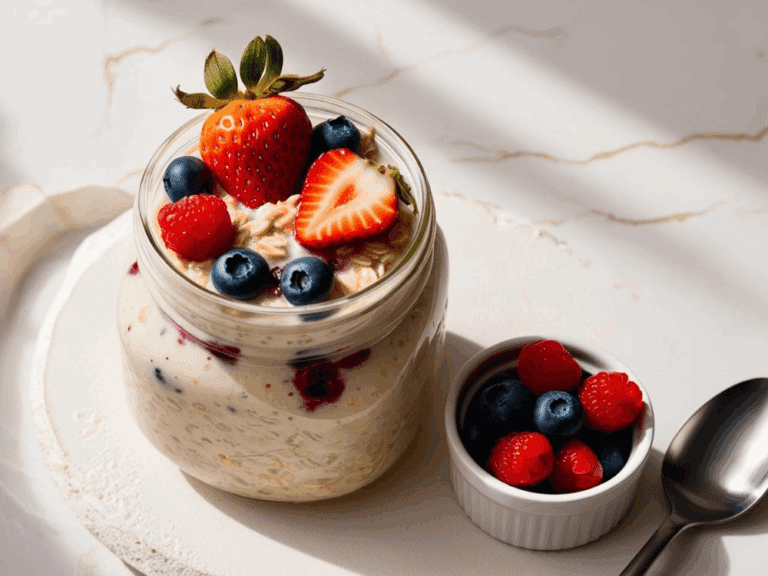 A small jar of berry overnight oats with layers of oats and berry compote, topped with a strawberry and surrounded by small bowls of berries on a marble surface.