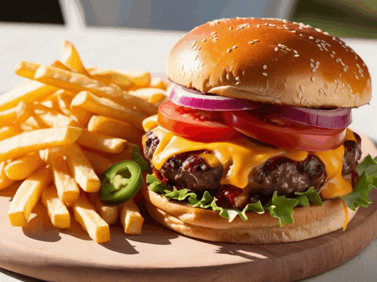 Jalapeño cheeseburger with fries served on a light-colored plate with natural sunlight.