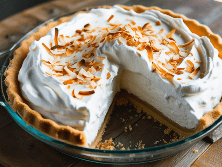 Close-up of a coconut cream pie with one slice missing, in a clear pie dish on a wooden table.