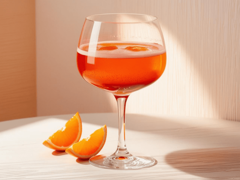 Aperol Spritz in a modern goblet glass with orange slices on a curved white table.