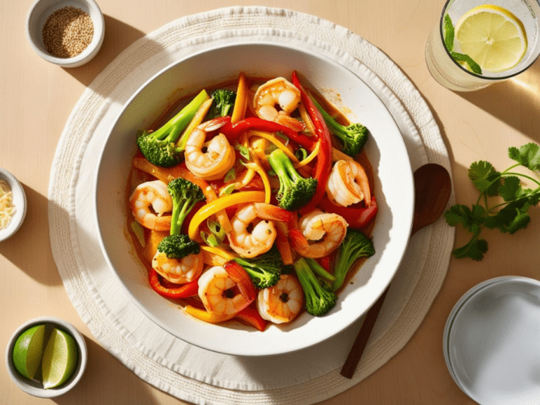 Garlic shrimp stir fry in a shallow white bowl, surrounded by sesame seeds, lime, and cilantro with bright lemon water on the side.