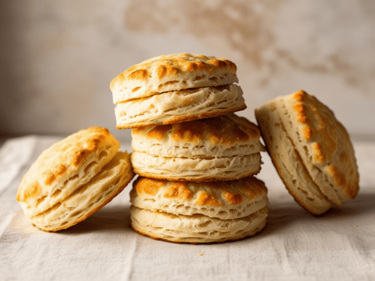Stack of buttermilk biscuits with soft golden tops on a cloth-covered surface