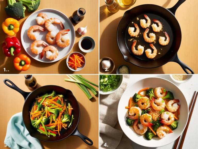 Four-step collage showing how to make garlic shrimp stir fry — from prepping shrimp to sautéing and serving.