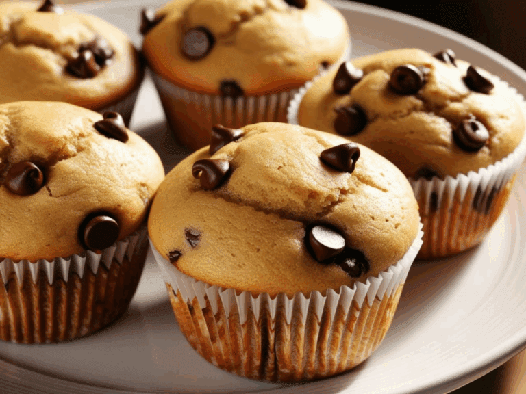 Chocolate chip muffins with white liners on a plate