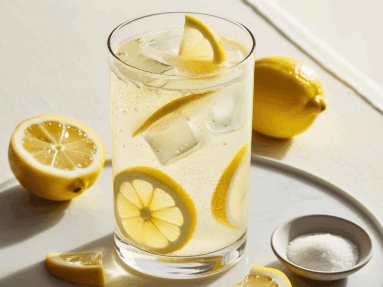 Bright and bubbly lemon tonic in a glass with scattered lemon wedges