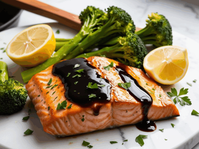 Bright plate of balsamic glazed salmon with broccoli and lemon on a white marble surface