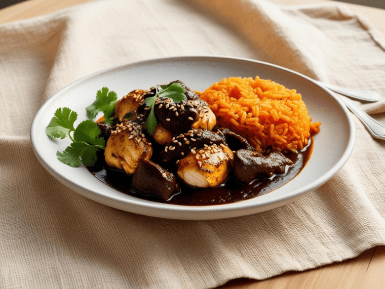 Chicken mole poblano with sesame seeds, served with a mound of orange rice on a neutral-toned plate with fresh cilantro.