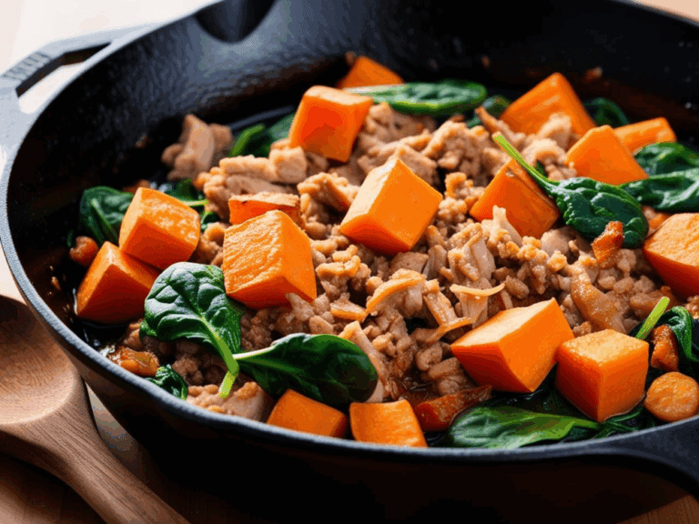 Extreme close-up of cooked ground turkey, sweet potatoes, and spinach in a black skillet highlighting textures.