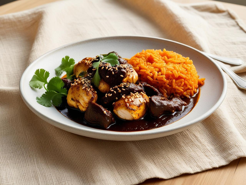 Chicken mole poblano with sesame seeds, served with a mound of orange rice on a neutral-toned plate with fresh cilantro.