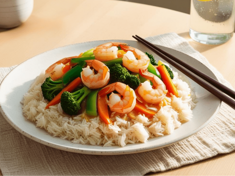 Garlic shrimp stir fry served on a bed of fluffy rice with chopsticks, photographed in natural daylight with lemon water.